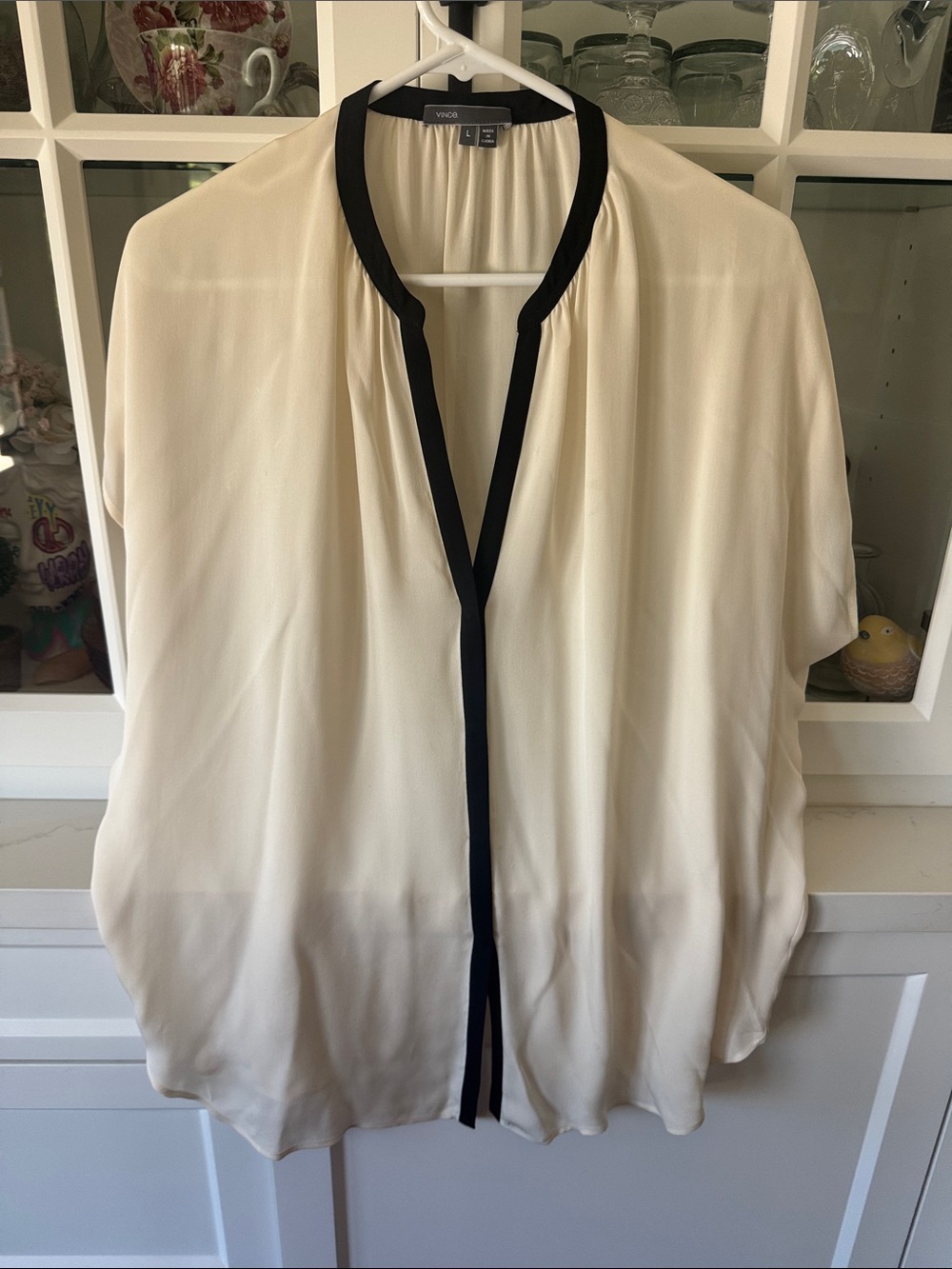 Vince Cream Silk Blouse with Black Trim